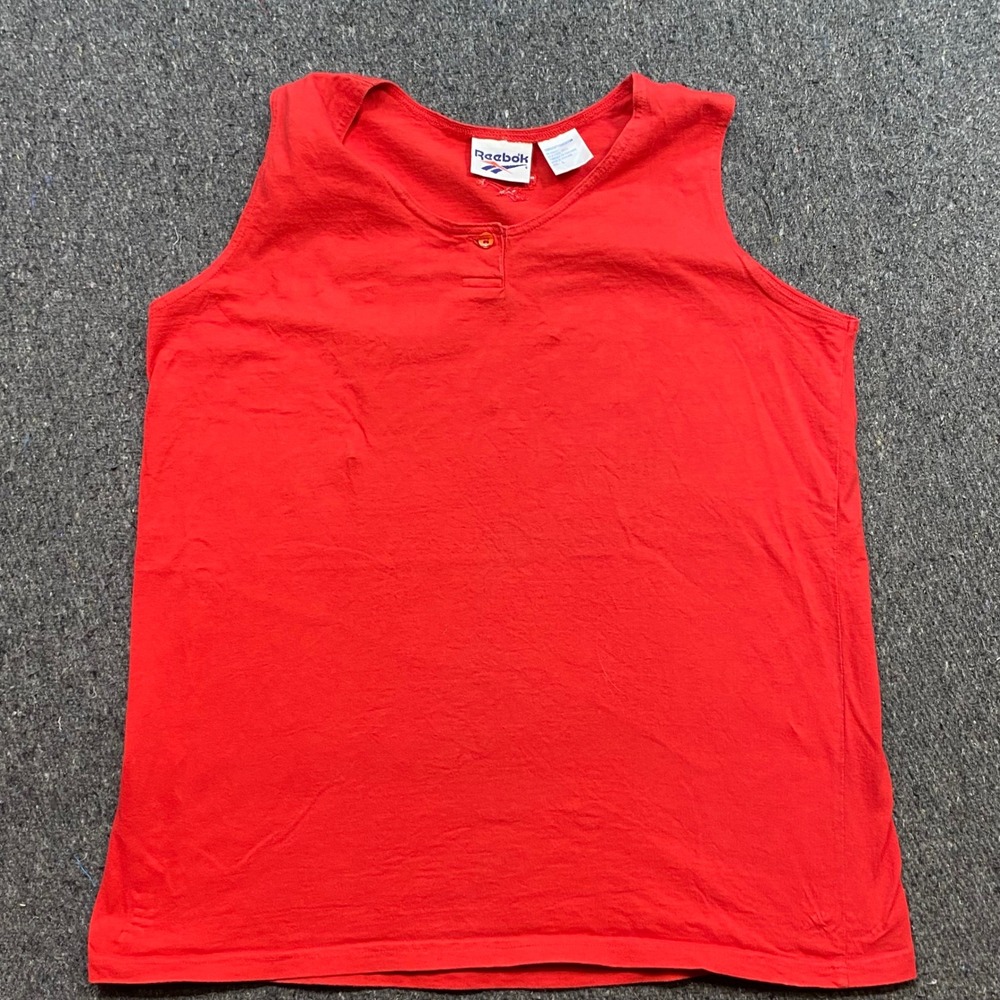 Reebok Tank Top Sz L Mens Red Sporty Streetwear Henley Single Button Sleeveless